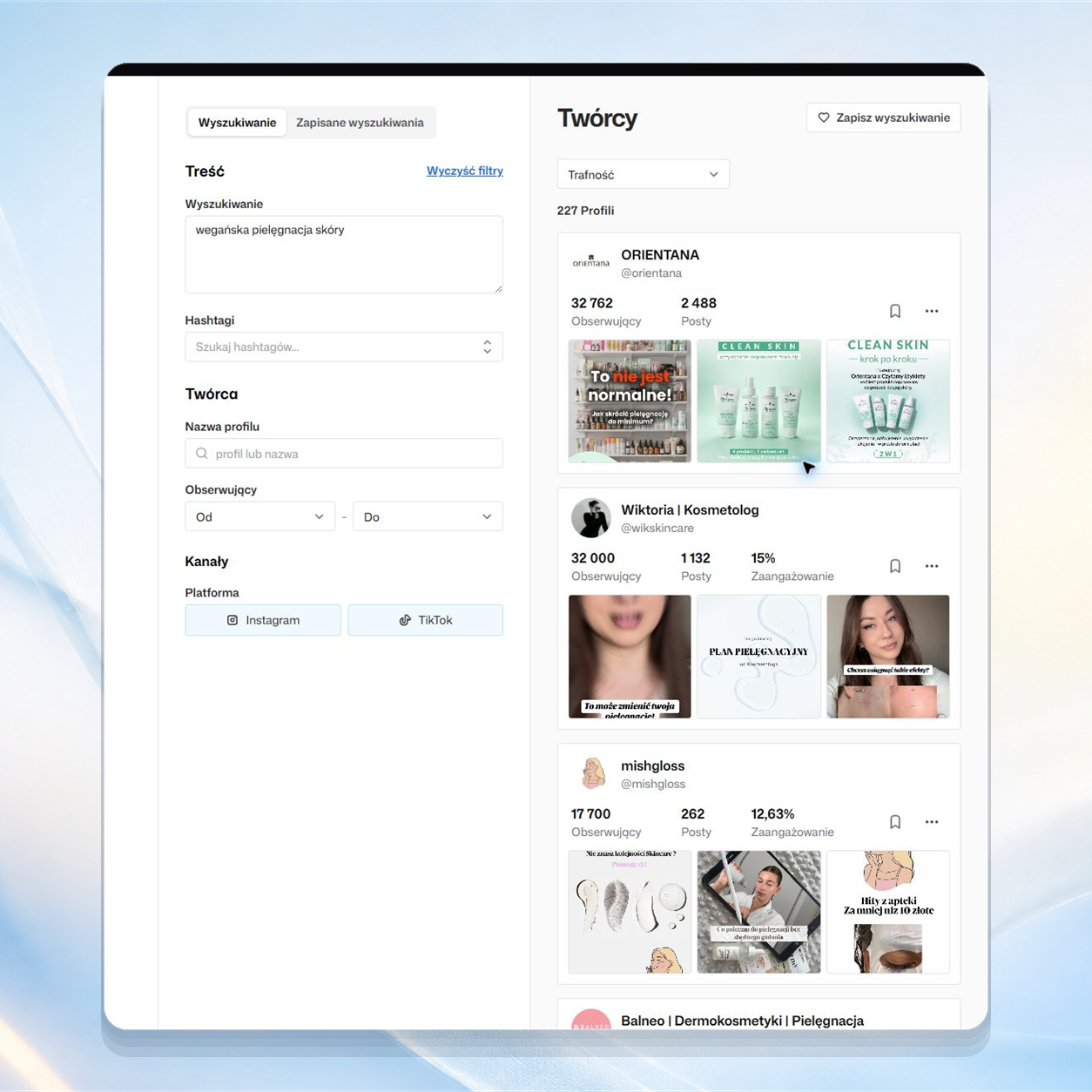 Interfejs wyszukiwania twórców pokazujący twórców skincare z różnych platform społecznościowych